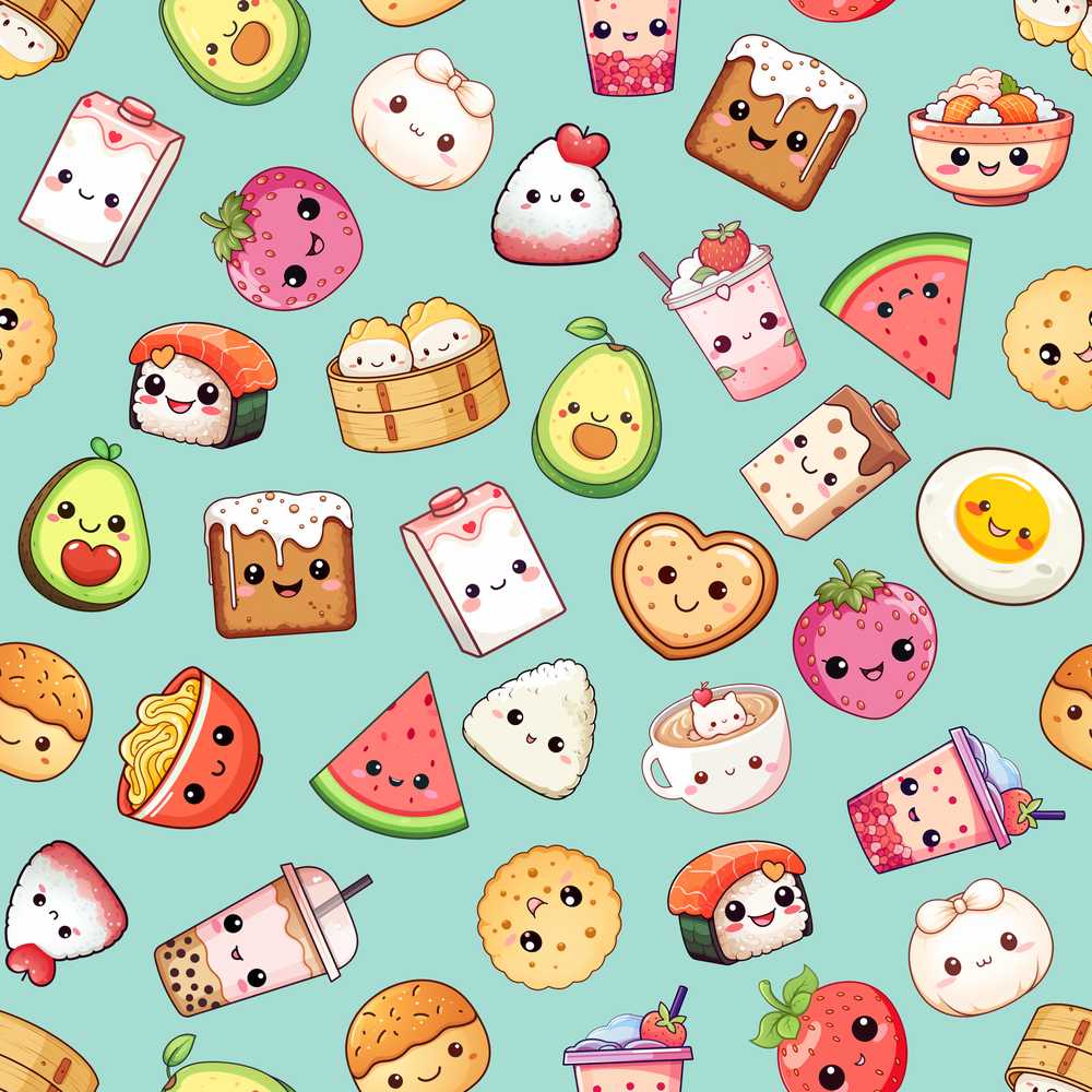Kawaii Food Collection Sushi Fruit Drink Green Background Cute
