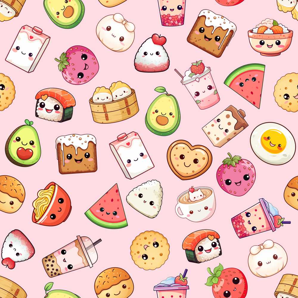 Kawaii Food Collection Sushi Fruit Drinks Pink Background Cute