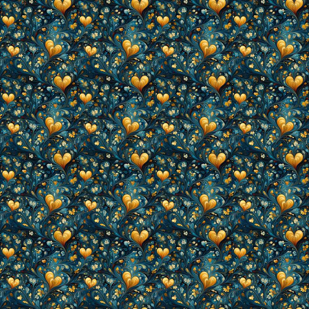 Luxury Ornate Blue Gold Floral Hearts Wildflower Pattern Botanical