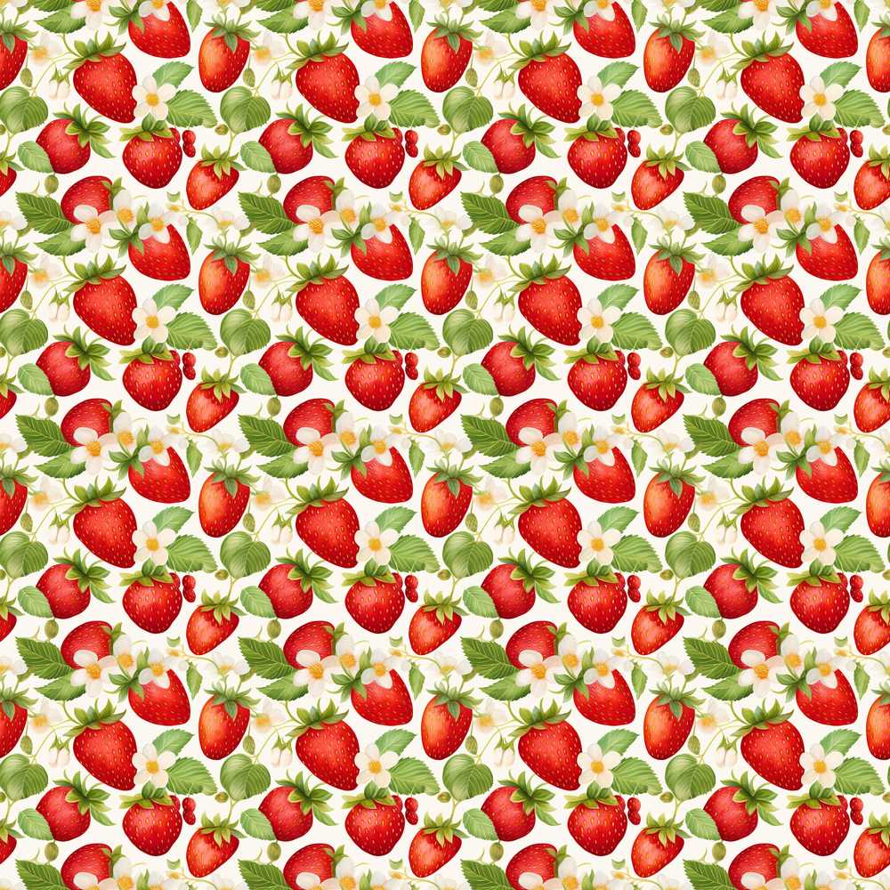 Fresh Red Strawberries White Blossom Wildflower Pattern Botanical