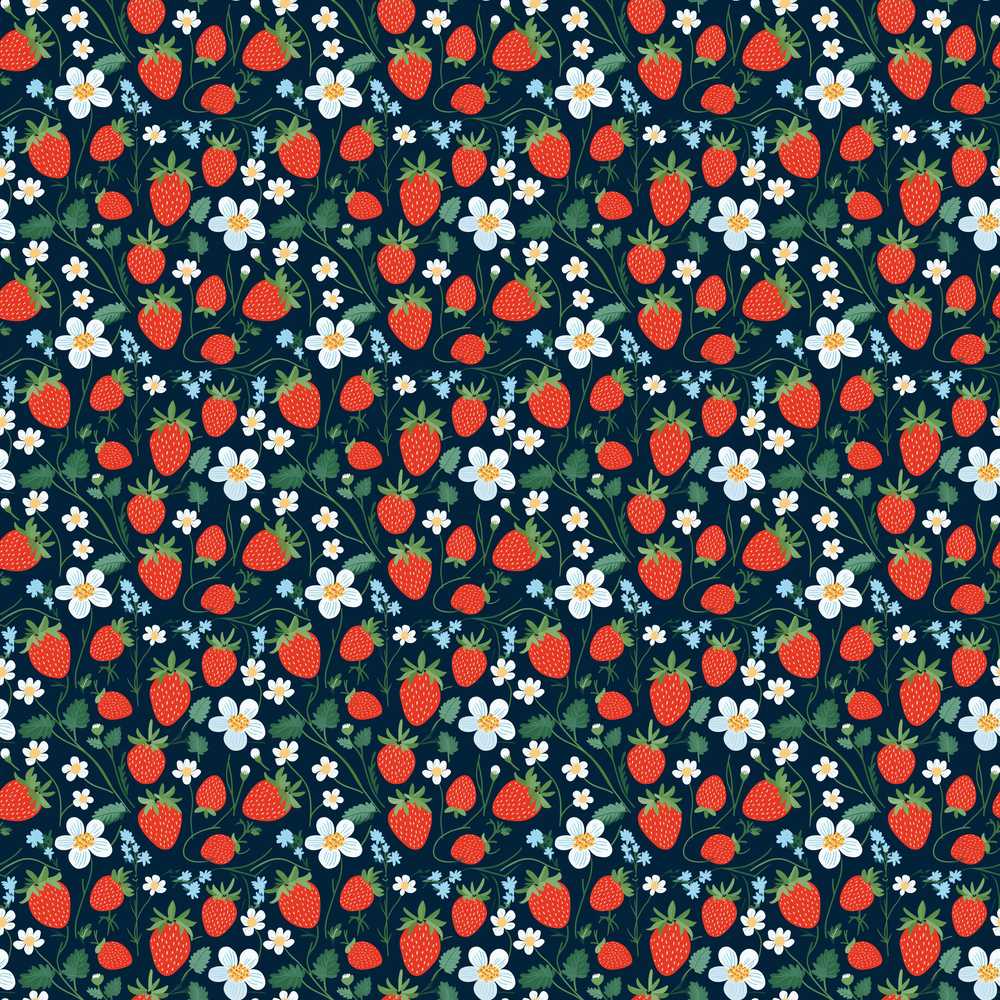 Wild Strawberry Floral Navy Background Wildflower Pattern Botanical