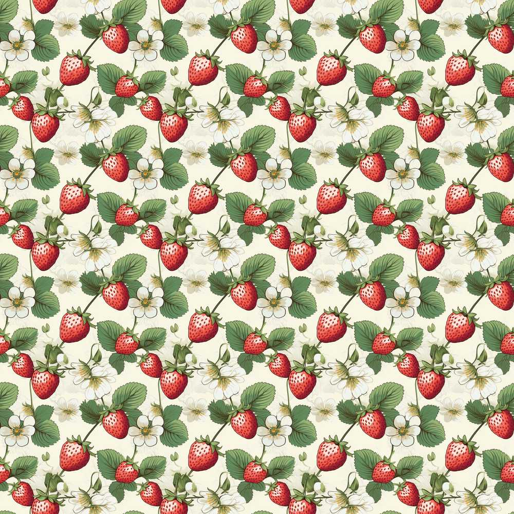 Vintage Strawberry Botanical Cream Background Wildflower Pattern