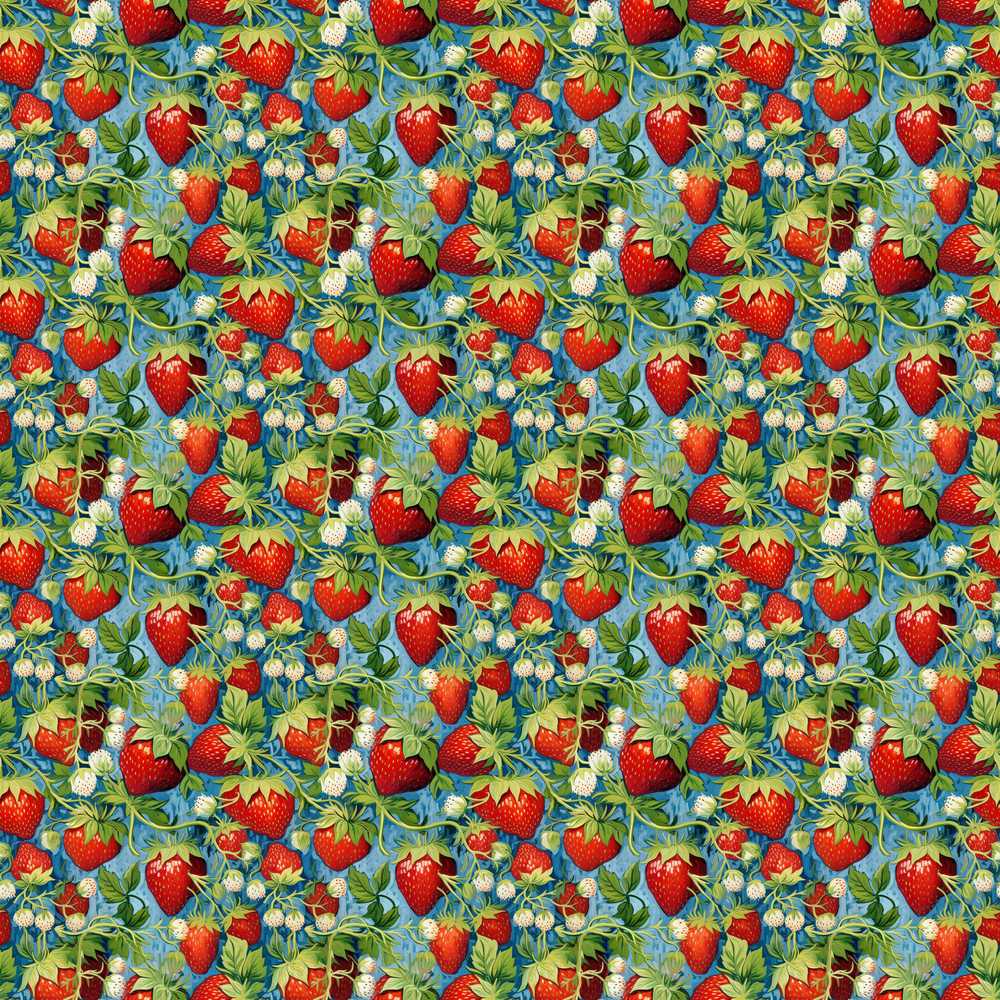 Juicy Strawberry Vine Blue Background Illustration Repeat Pattern