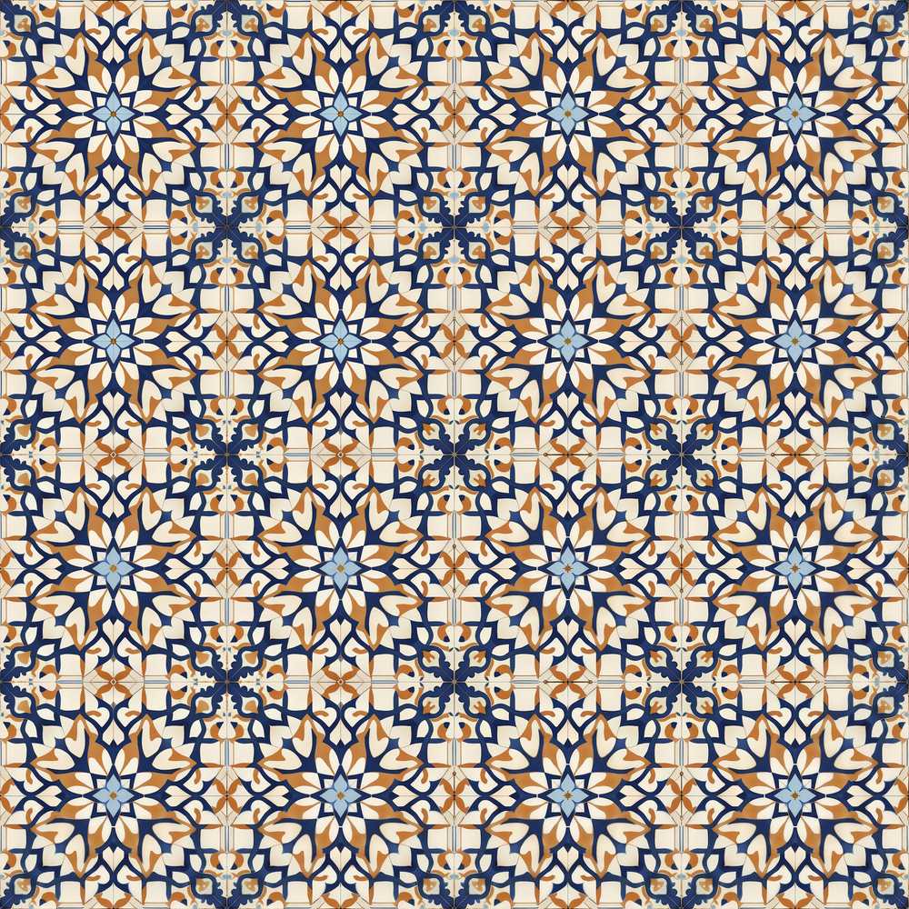 Ornate Moroccan Blue Orange Tile Pattern Decorative Repeat