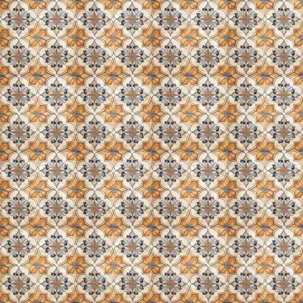 Vintage Blue Beige Ceramic Tile Floral Pattern Wildflower Botanical