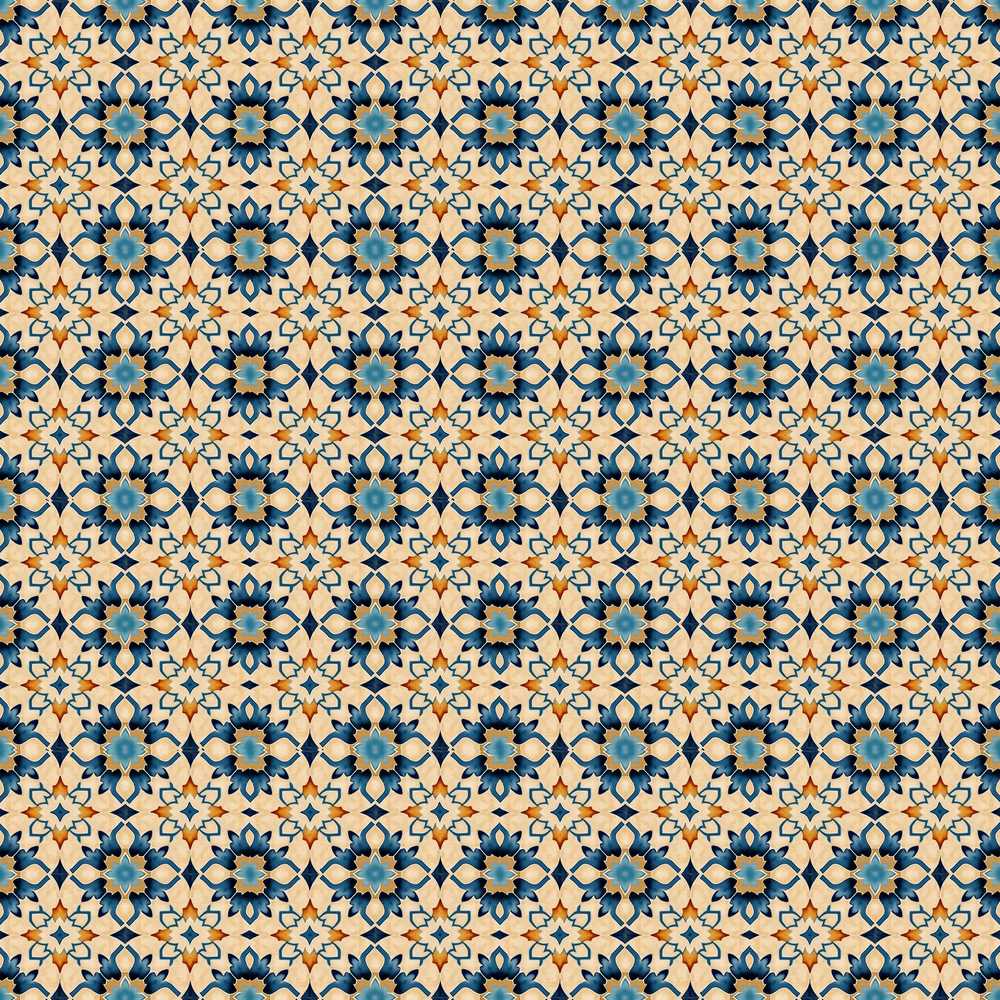 Decorative Blue Floral Tile Pattern Beige Background Wildflower Botanical
