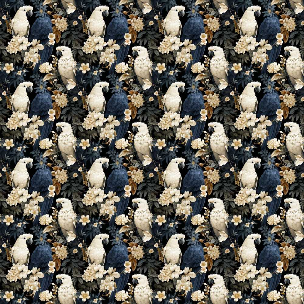 Elegant White Cockatoo Floral Dark Background Wildflower Pattern Botanical