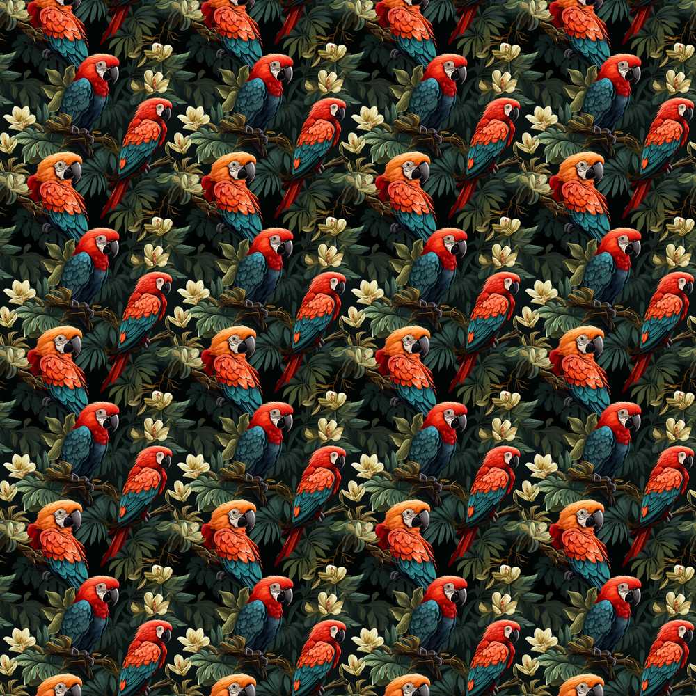 Colorful Macaw Parrot Jungle Leaves Wildflower Pattern Botanical