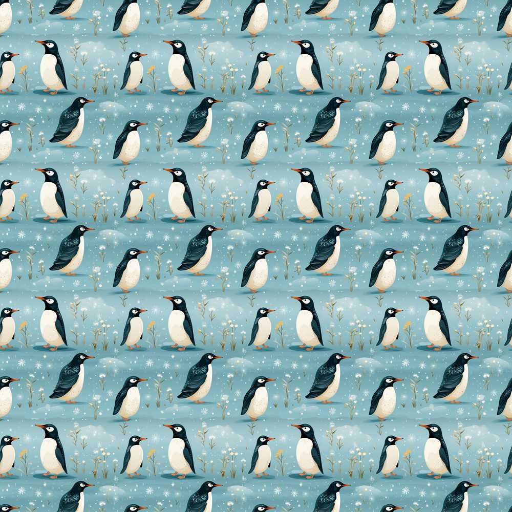 Cute Penguin Birds Snowy Winter Landscape Decorative Repeat