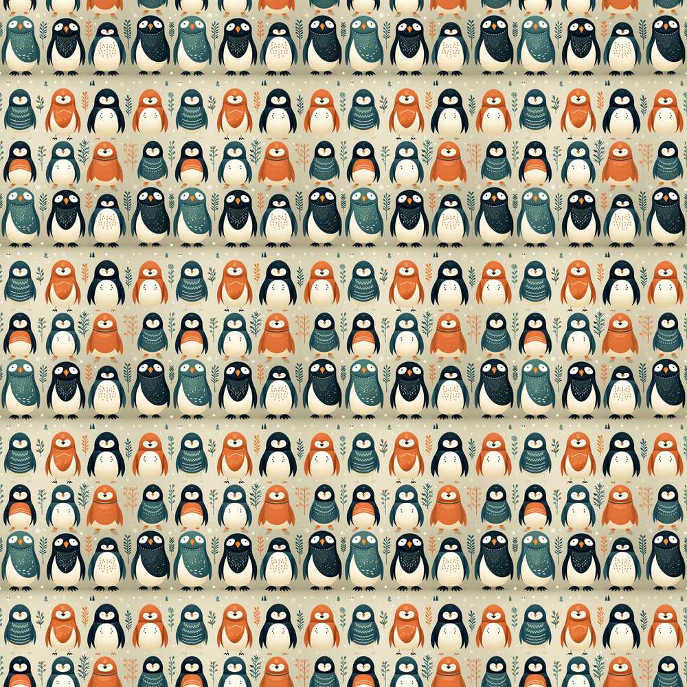 Scandinavian Cute Penguin Characters Folk Art Decorative Repeat