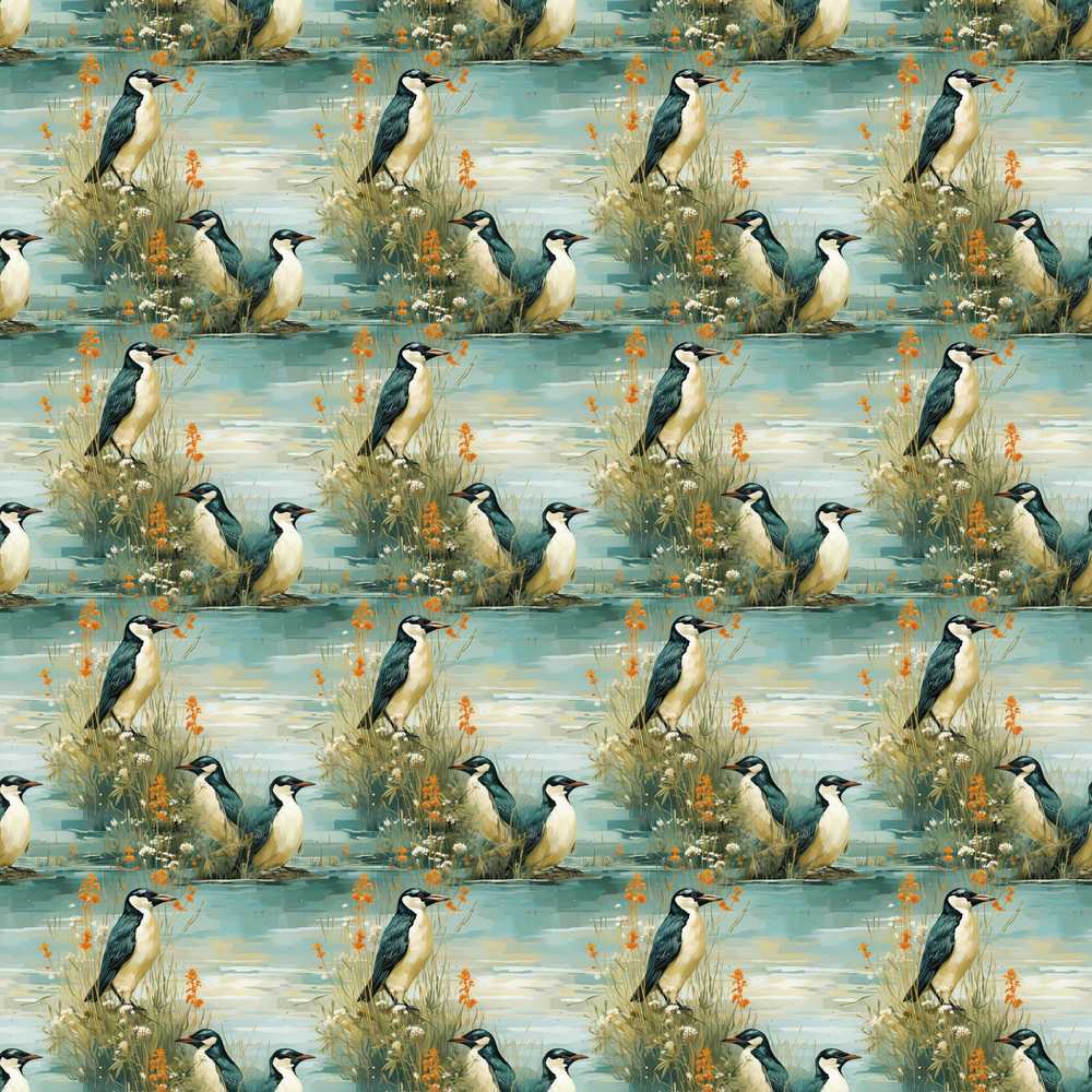 Penguin Birds Lakeside Floral Nature Wildflower Pattern Botanical