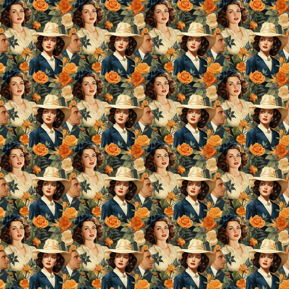 Vintage Elegant Women Portrait Floral Wildflower Pattern Botanical
