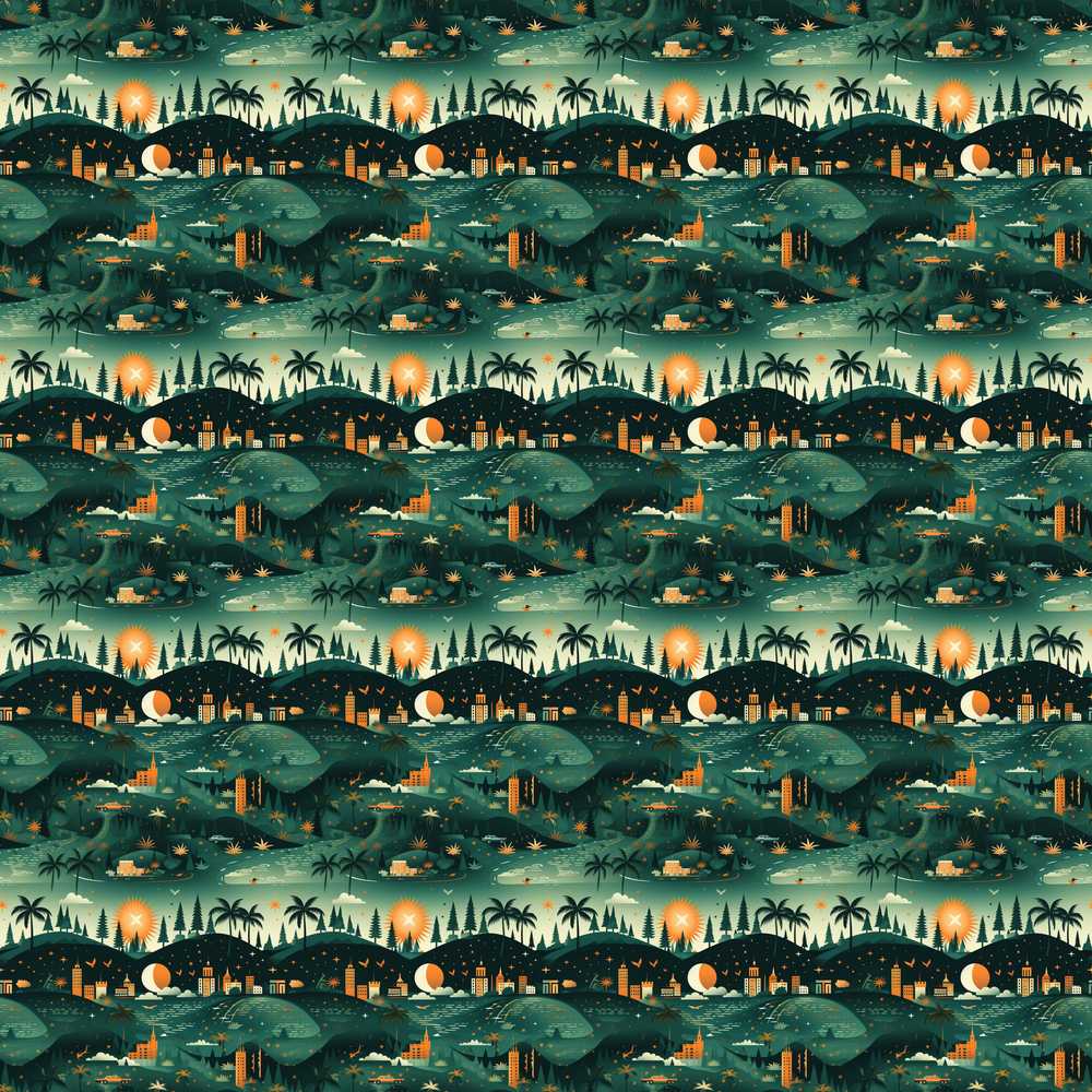 Scenic Landscape City Night Decorative Repeat Pattern Design