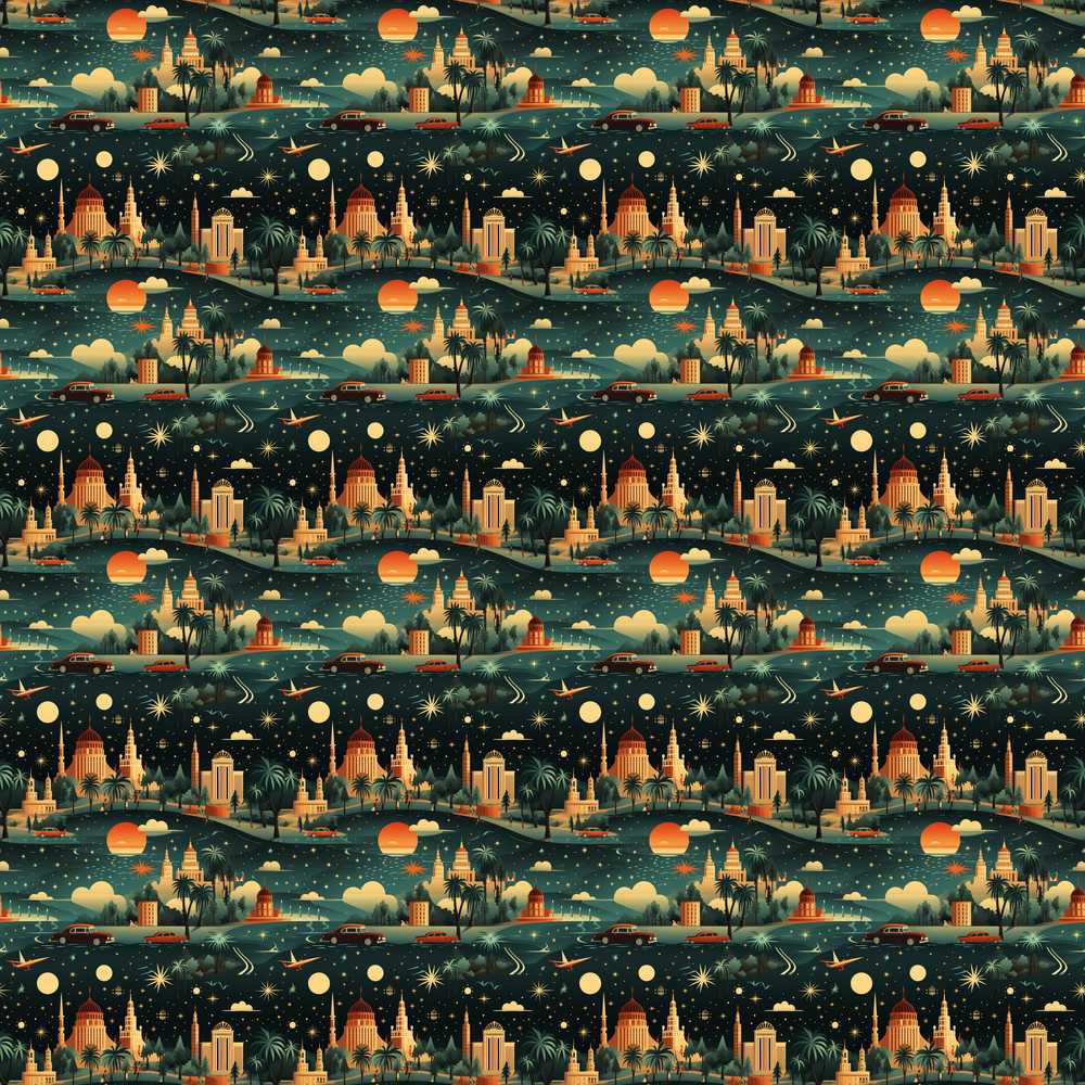 Vintage City Skyline Night Travel Decorative Repeat Pattern