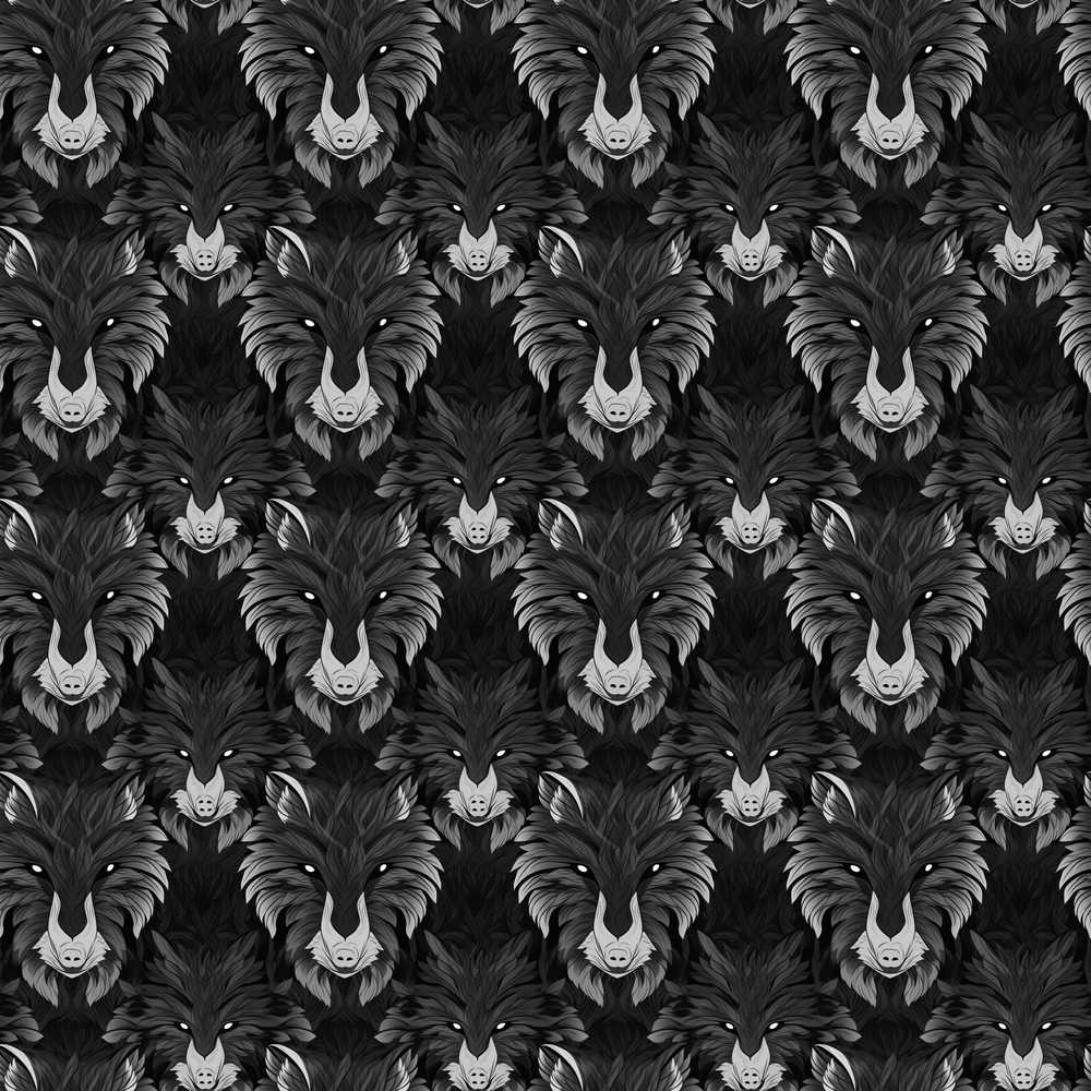 Dark Wolf Faces Mystical Animal Illustration Repeat Pattern