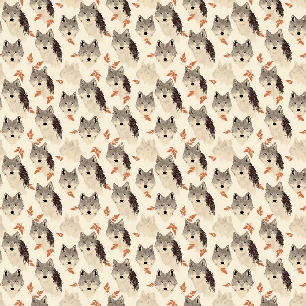 Soft Wolf Faces with Autumn Leaves Wildflower Pattern Botanical