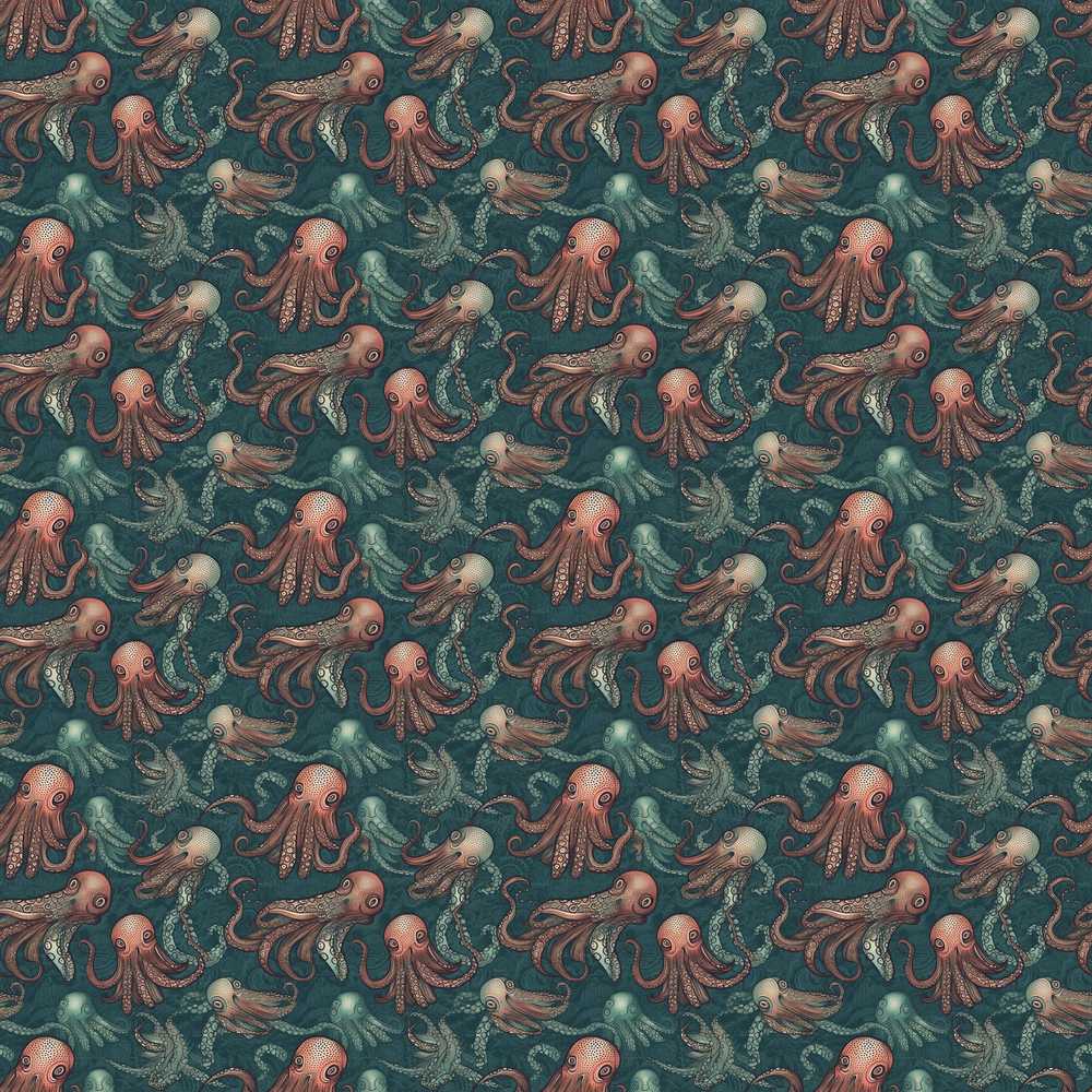 Detailed Octopus Illustration Dark Ocean Theme Coastal Pattern