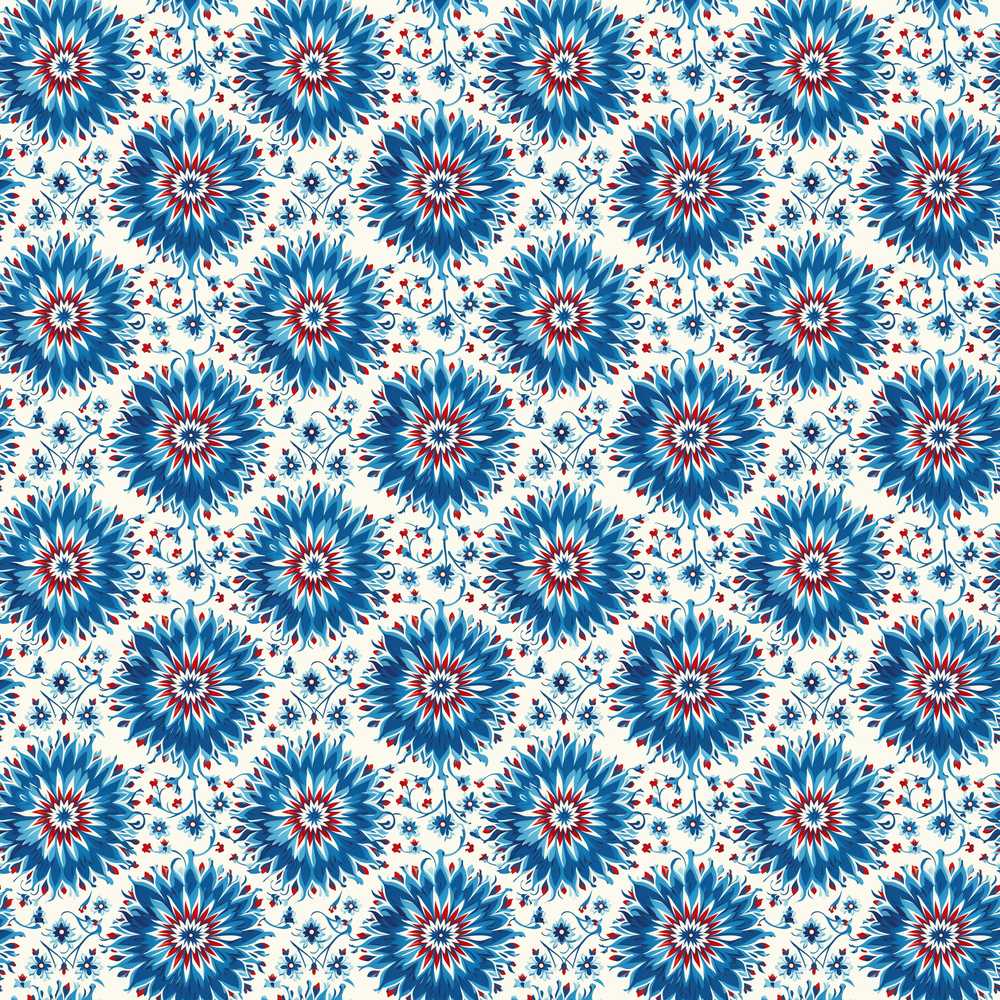 Blue Floral Starburst Mandala Decorative Tile Style Wildflower Pattern