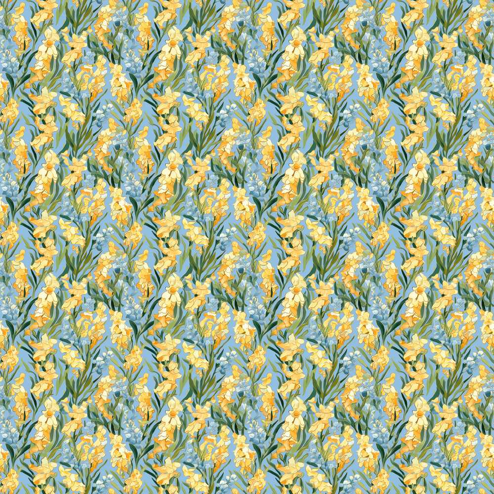 Yellow Garden Flowers Blue Background Botanical Pattern Wildflower