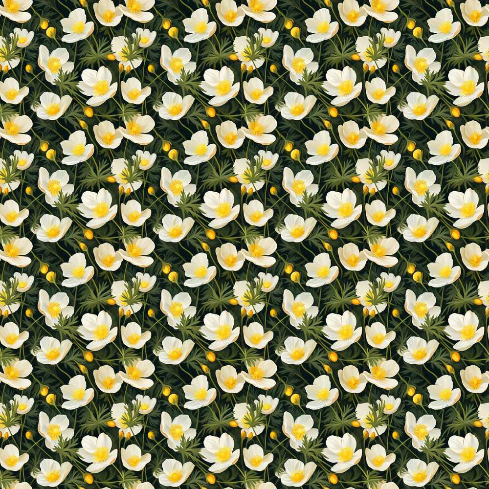 White Buttercup Flowers Dark Green Botanical Elegant Wildflower Pattern
