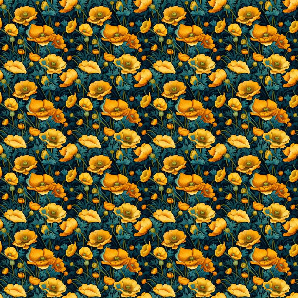 Golden Poppy Flowers Dark Background Rich Botanical Wildflower Pattern