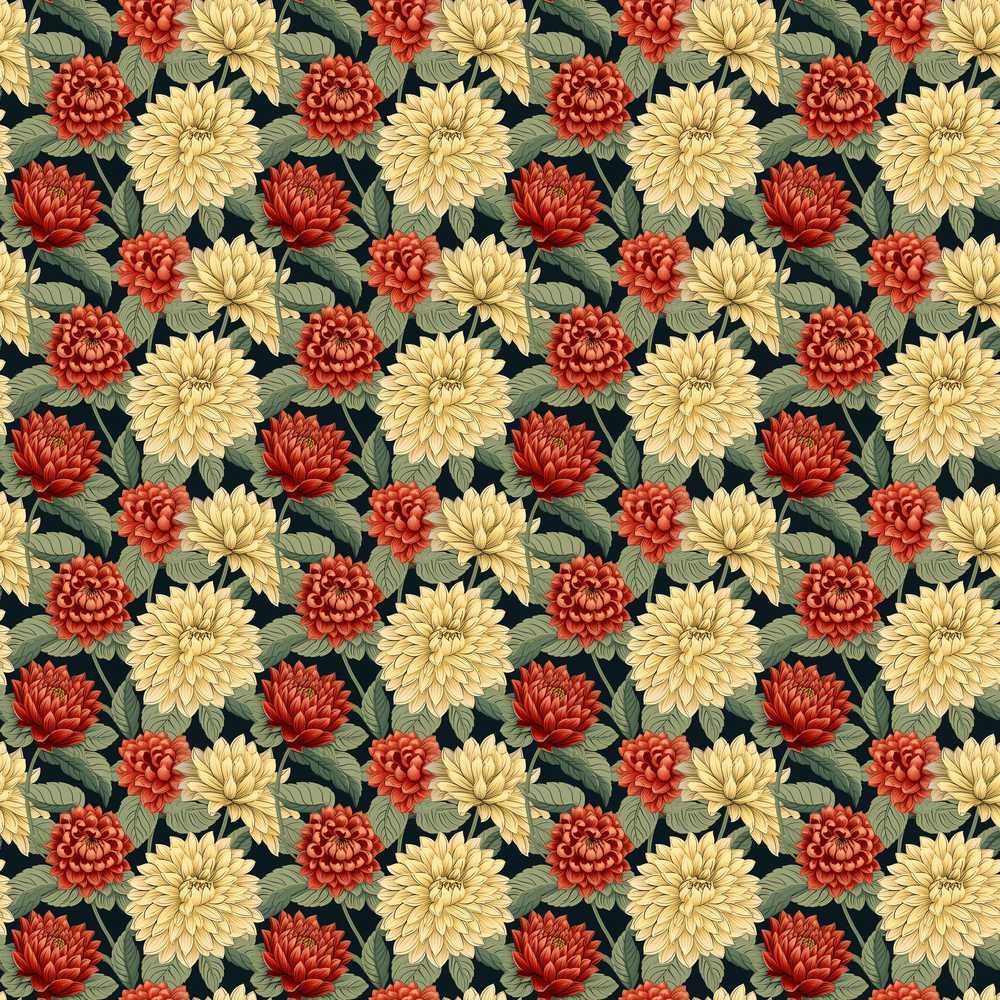 Vintage Chrysanthemum Floral Dark Background Classic Wildflower Pattern Botanical