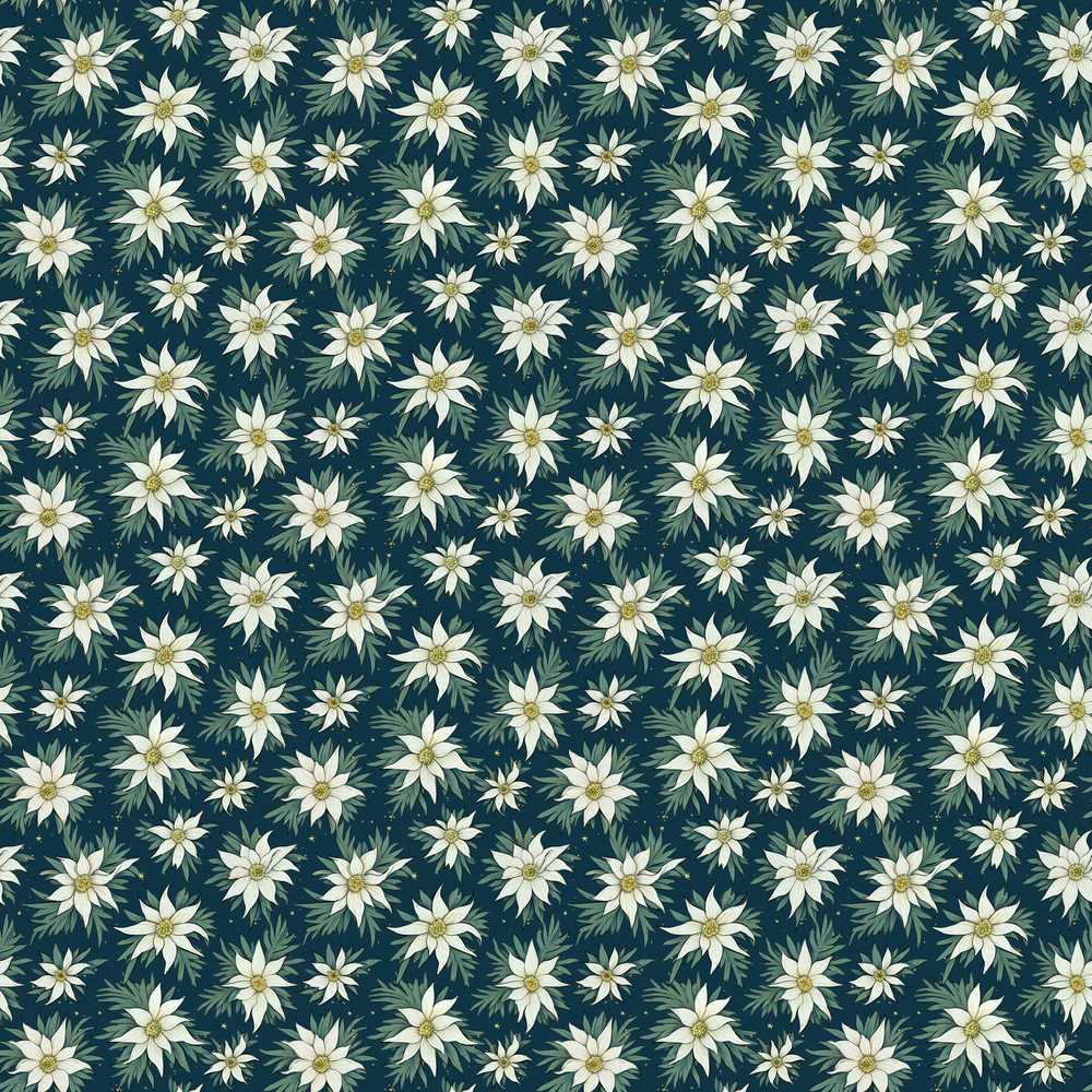 White Alpine Flowers Dark Teal Nature Botanical Wildflower Pattern