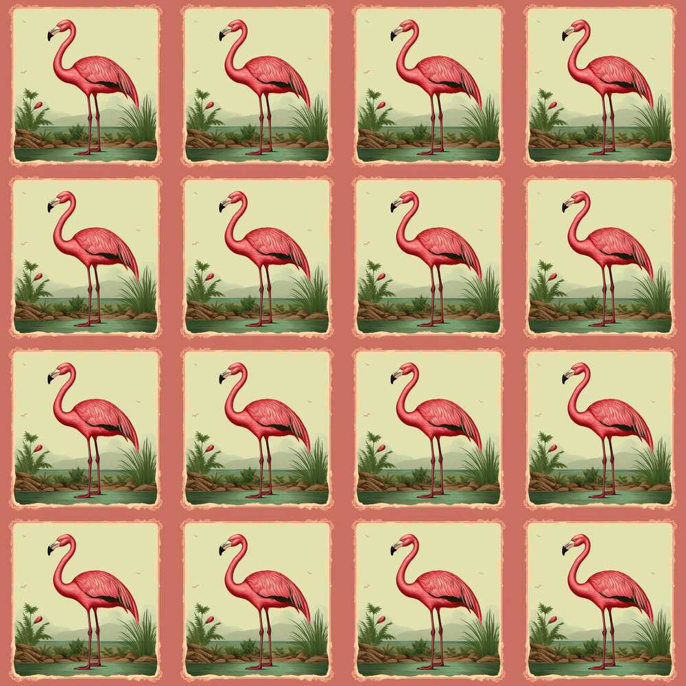 Vintage Flamingo Frame Botanical Landscape Bird Art Wildflower Pattern