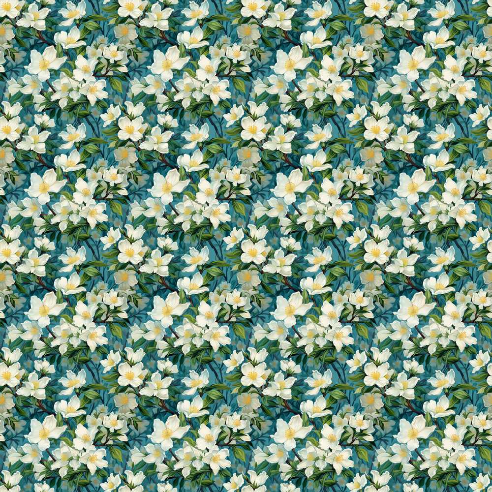 White Blossom Floral Branches on Teal Background Botanical Wildflower
