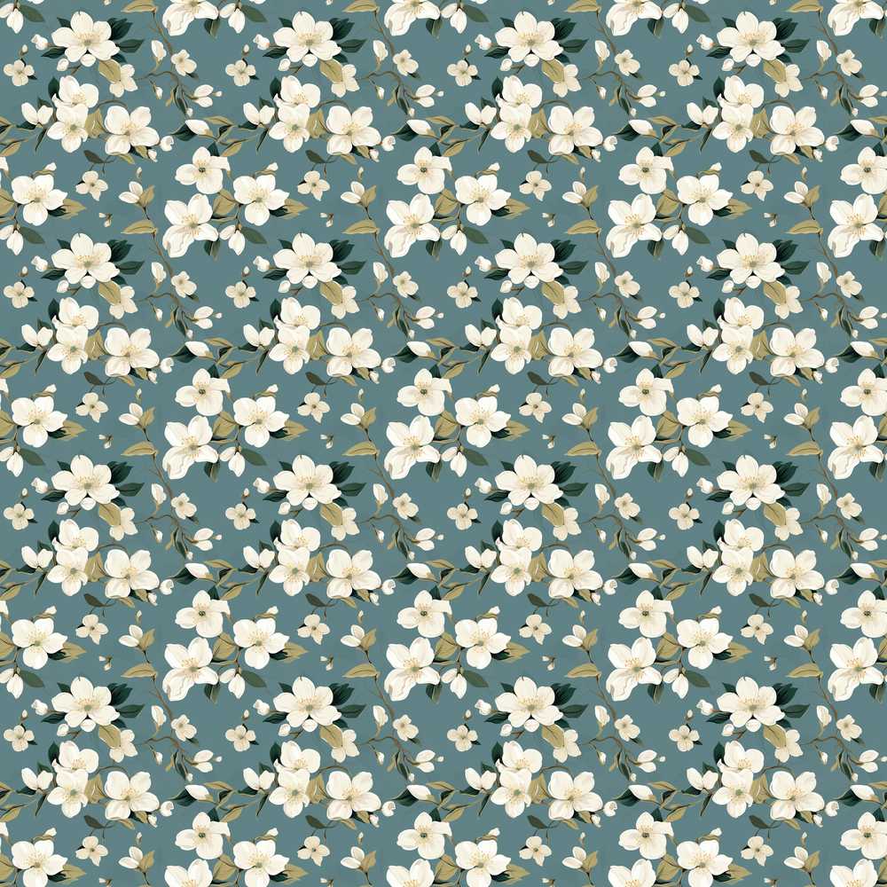 White Flower Branches on Dusty Blue Classic Botanical Wildflower