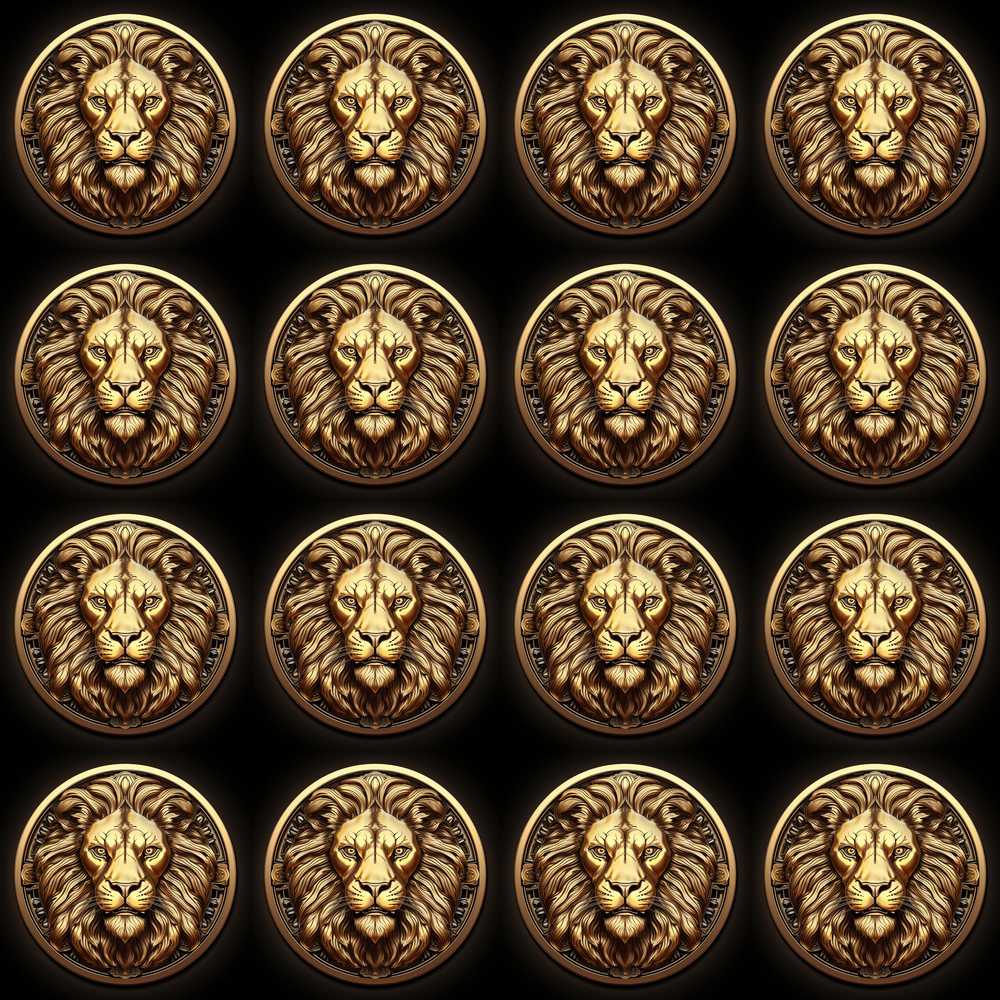 Golden Lion Head Medallion on Black Background Illustration