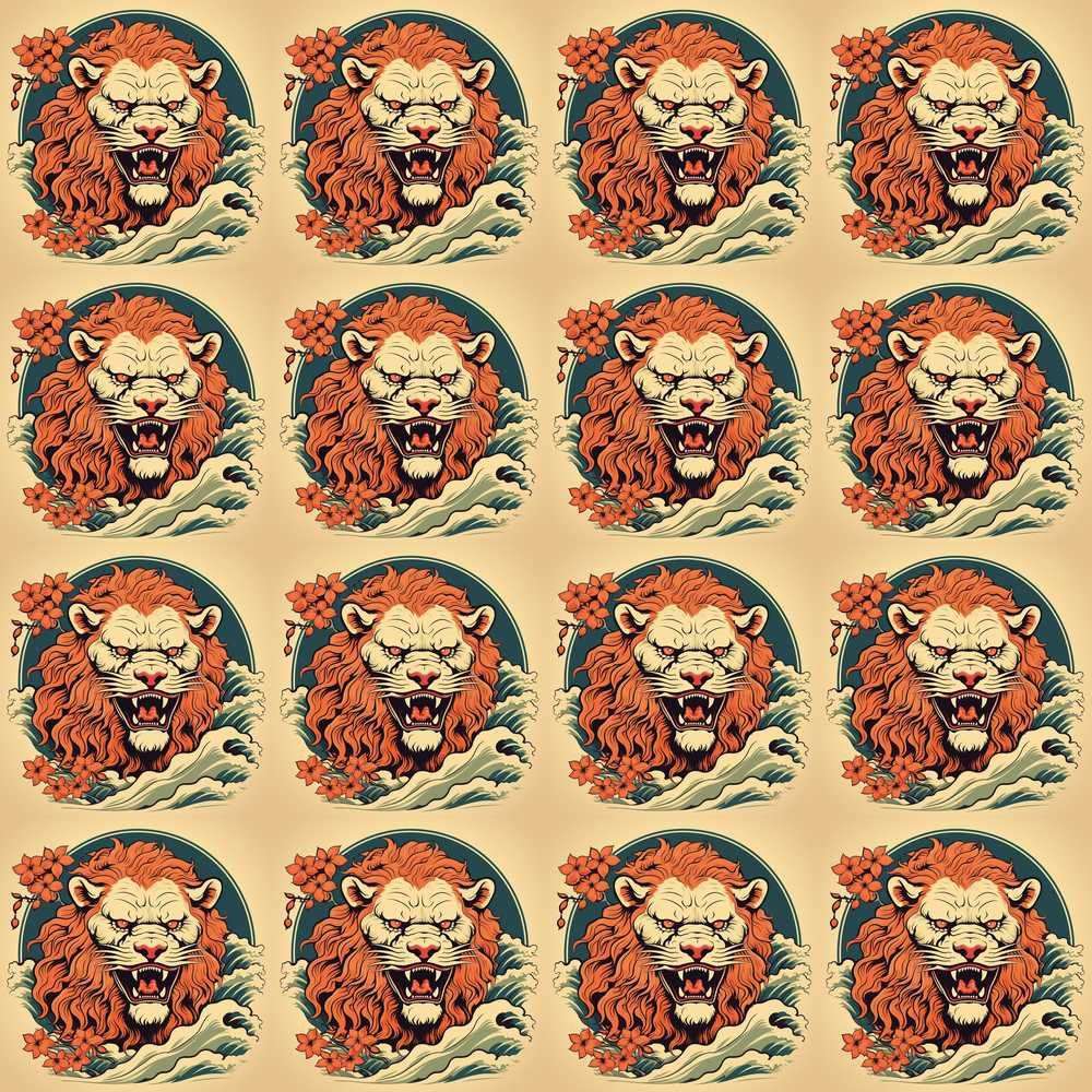 Roaring Lion with Waves and Floral Elements Wildflower Pattern