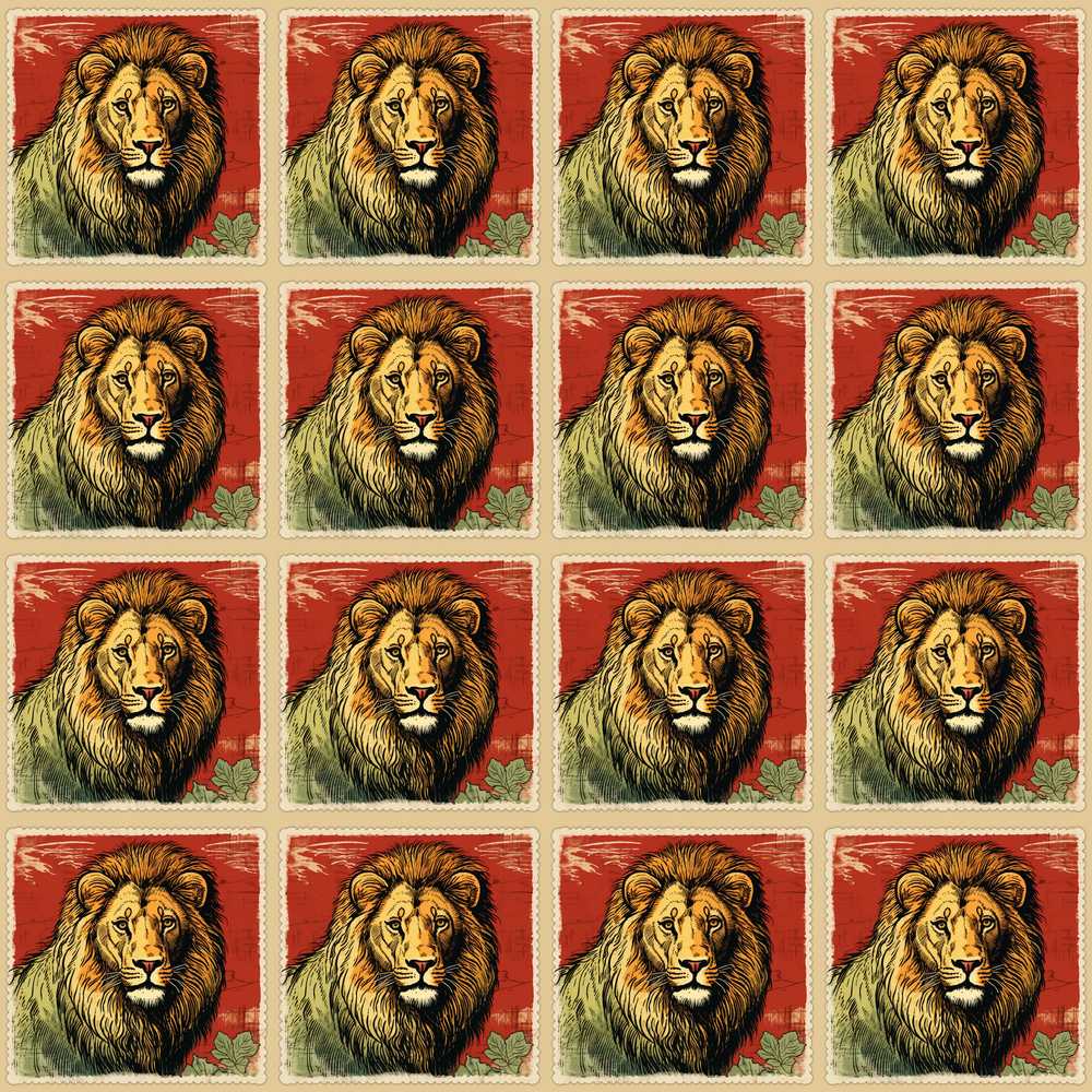 Vintage Lion Portrait Stamp Style Illustration Repeat Pattern