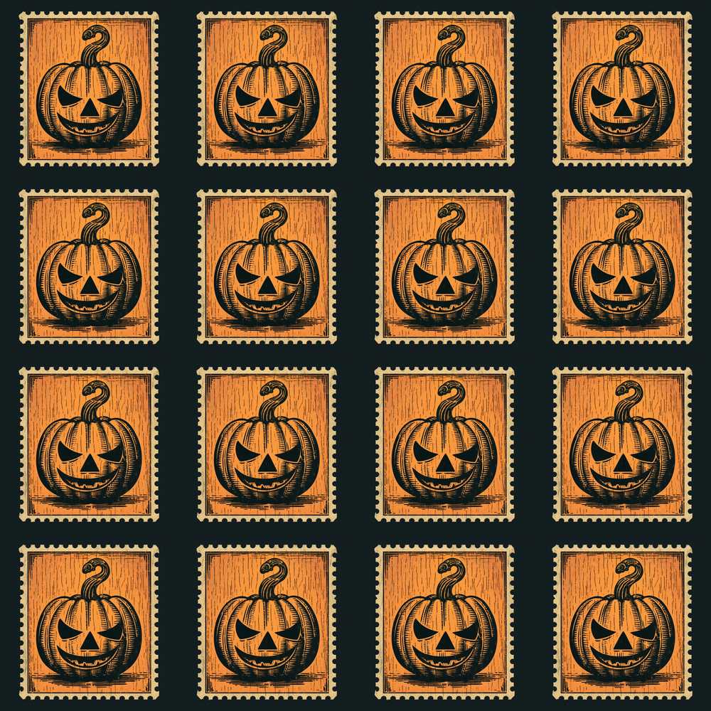 Vintage Pumpkin Stamp Halloween Theme Spooky Seasonal Pattern