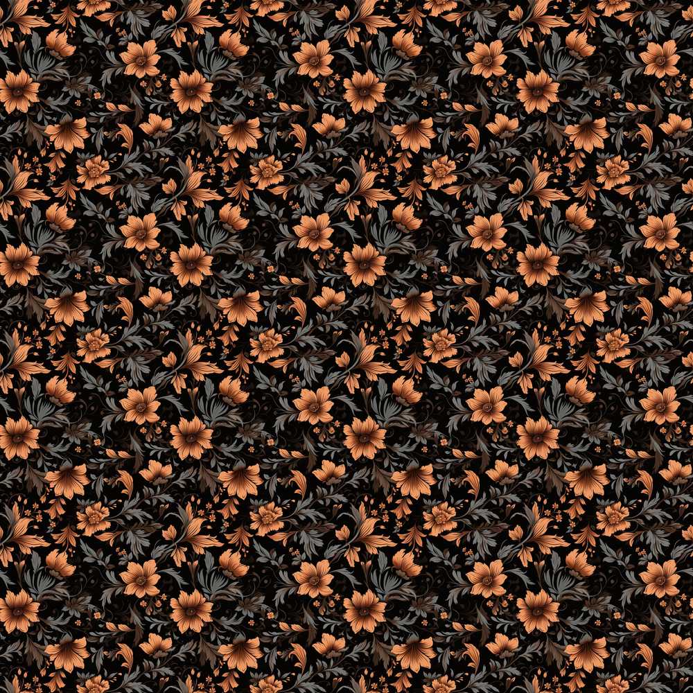 Vintage Orange Floral Pattern on Black Background Wildflower Botanical