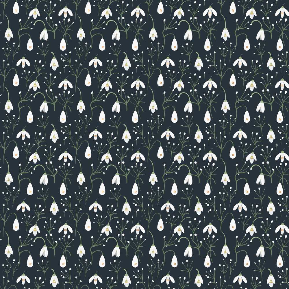 Minimal Snowdrop Floral Pattern on Dark Blue Background Wildflower