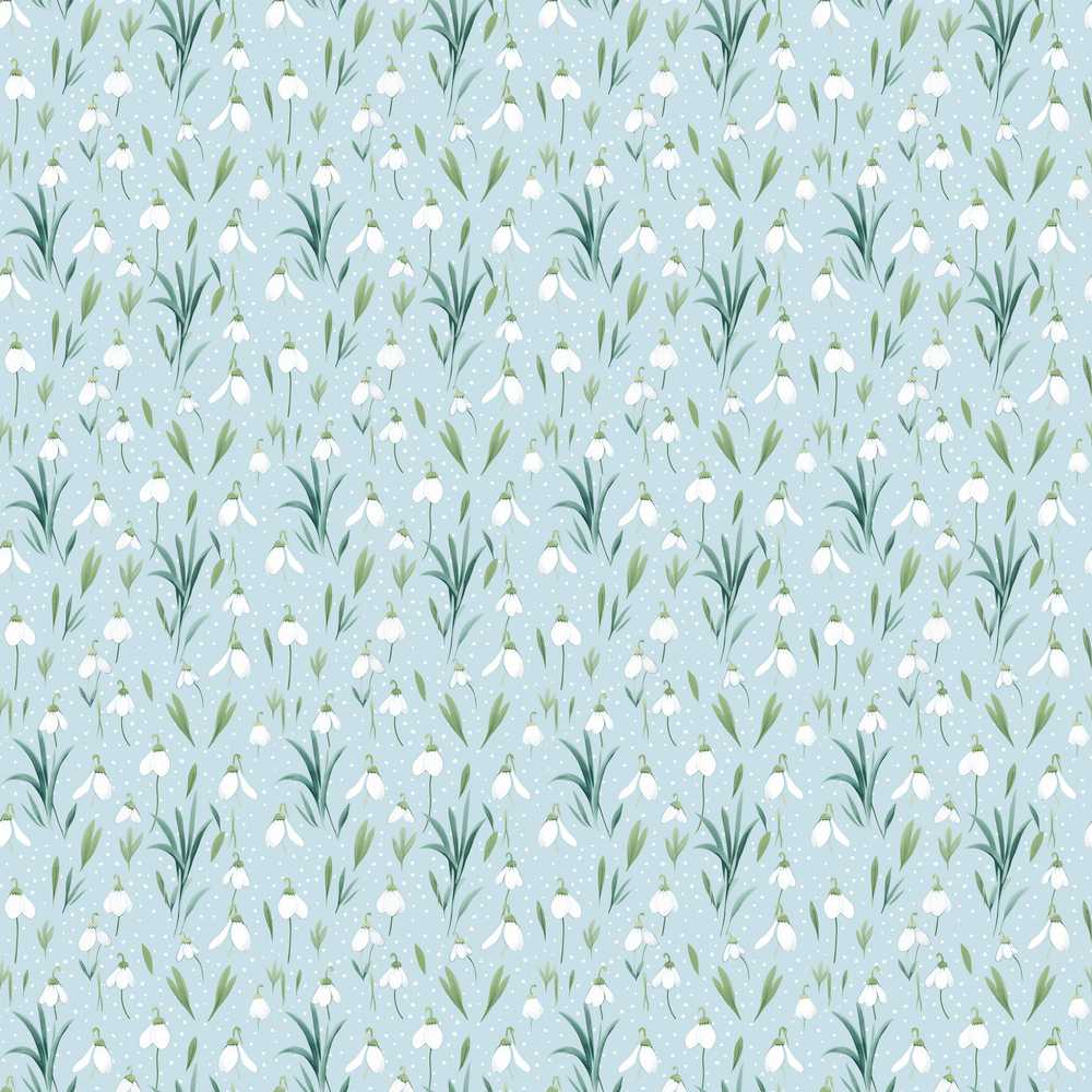 Small Snowdrop Flowers on Light Blue Polka Dot Background