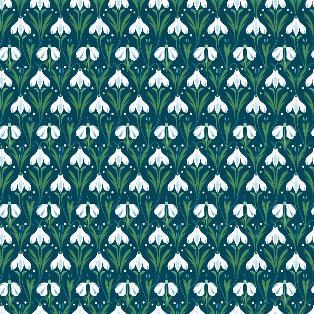 Stylized Snowdrop Floral Pattern on Deep Teal Background Wildflower