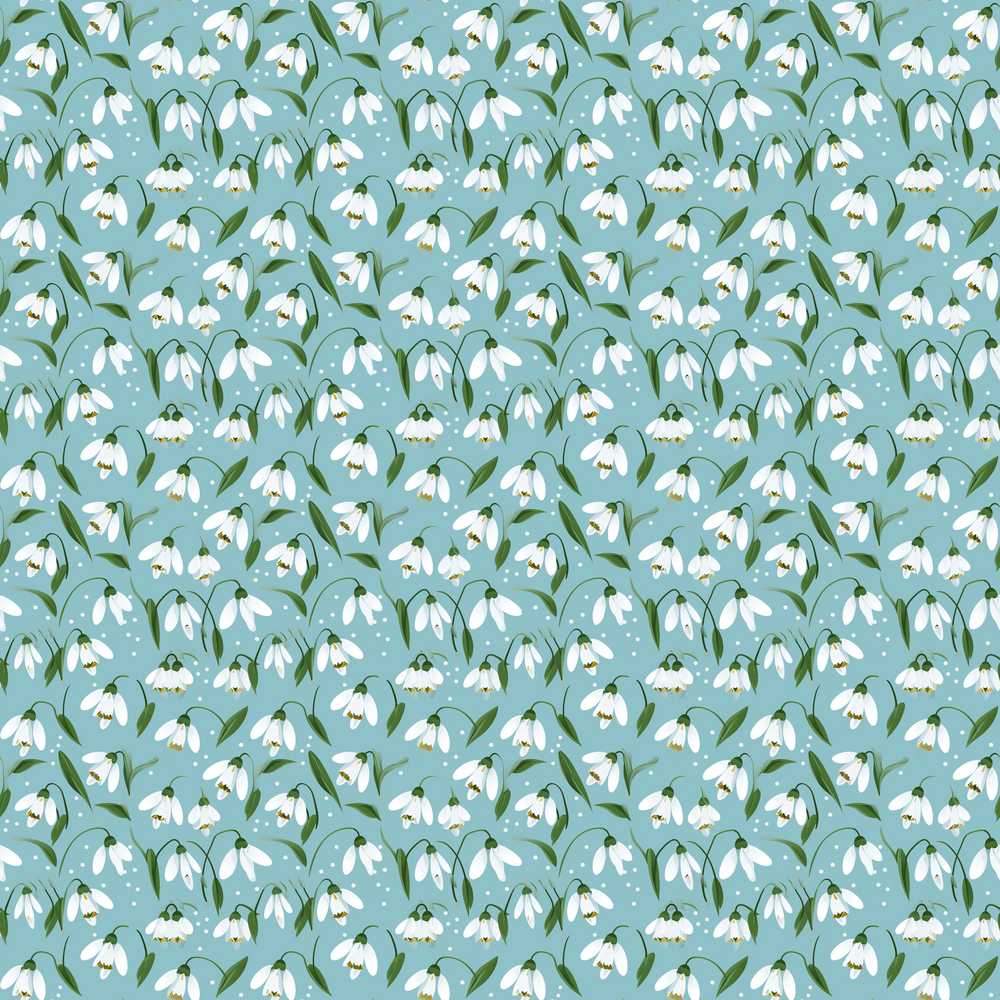 Snowdrop Floral Pattern on Pastel Blue Background Botanical Wildflower
