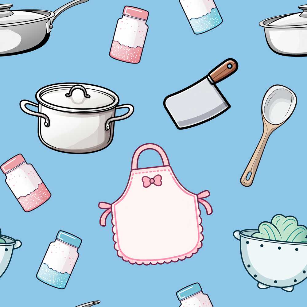 Cute Kitchen Utensils Apron Cooking Theme Blue Decorative
