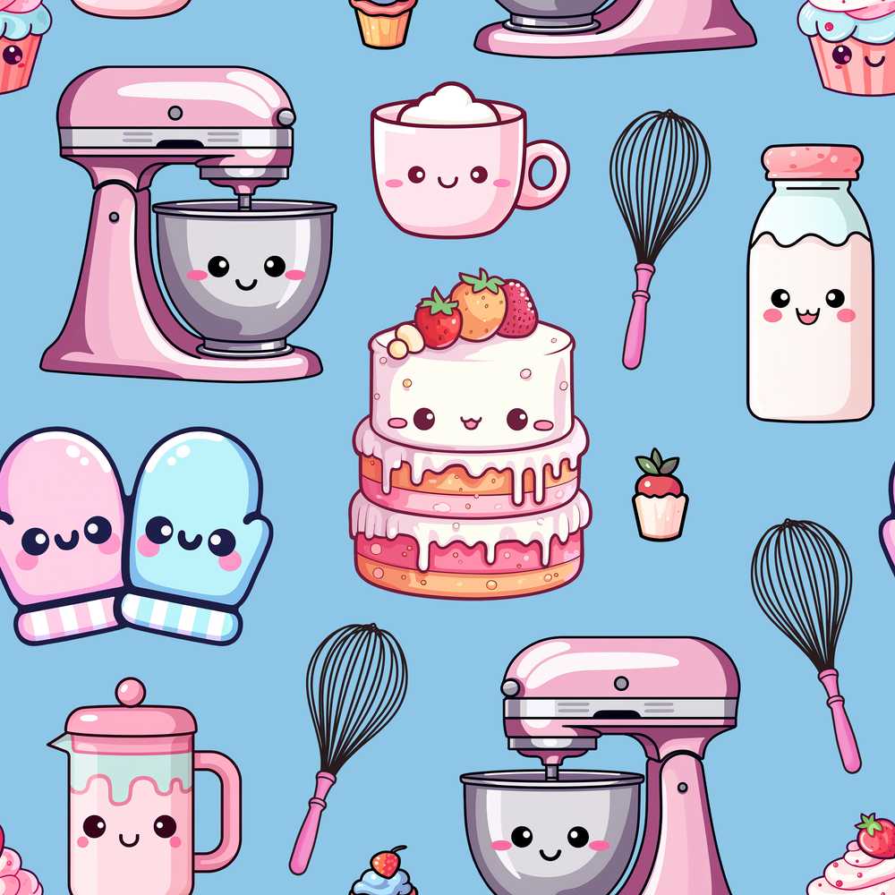 Cute Kawaii Baking Cake Mixer Blue Illustration Repeat