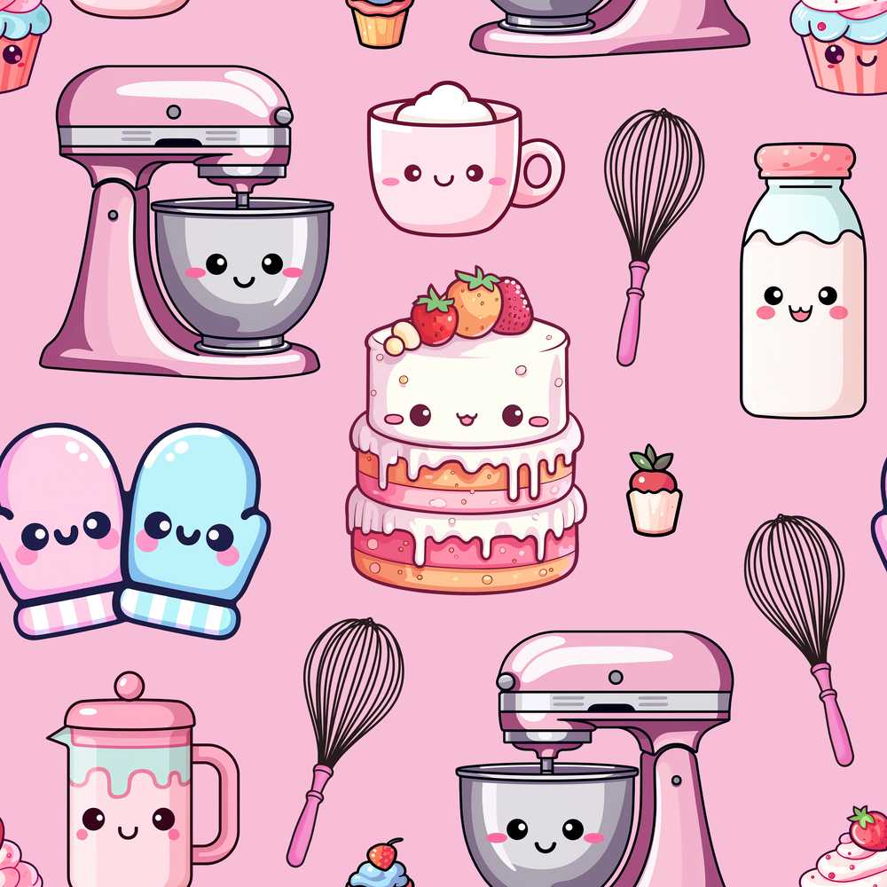 Cute Kawaii Baking Cake Mixer Pink Illustration Repeat