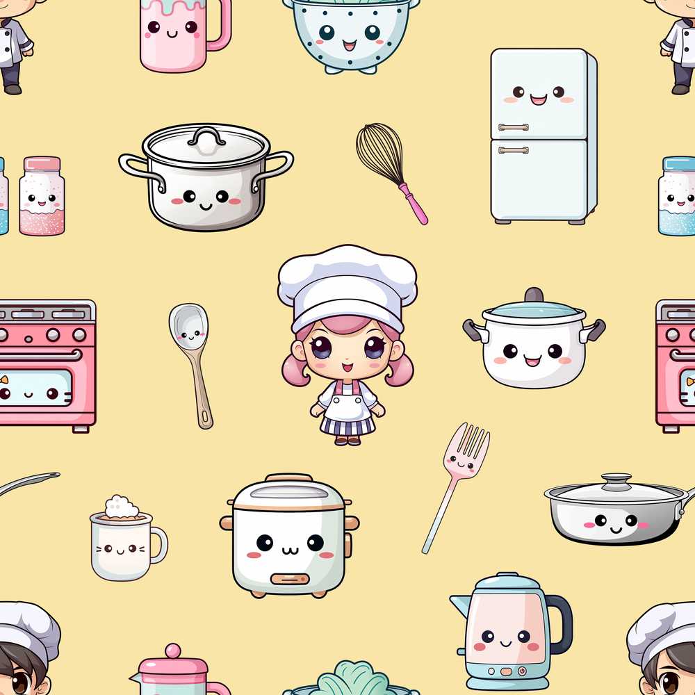 Cute Kawaii Chef Girl Kitchen Utensils Yellow Background