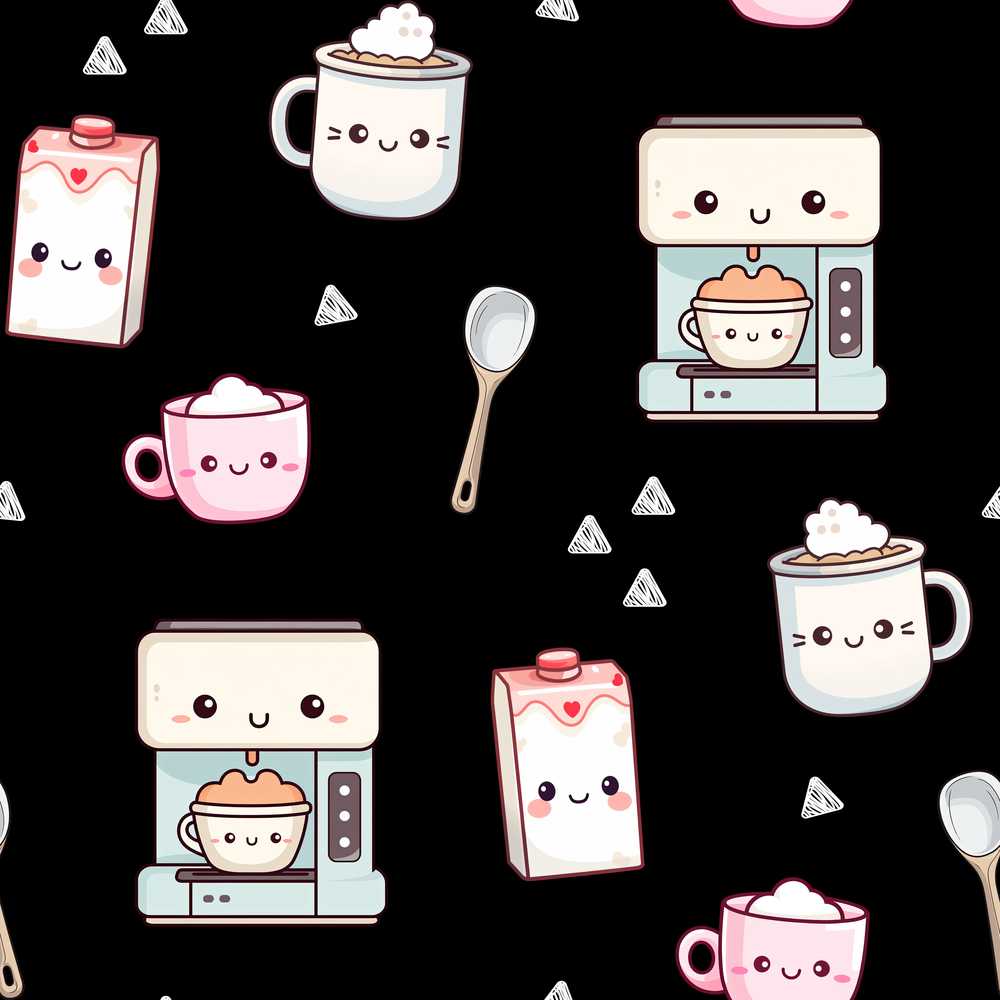 Cute Kawaii Coffee Maker Cups Milk Black Background