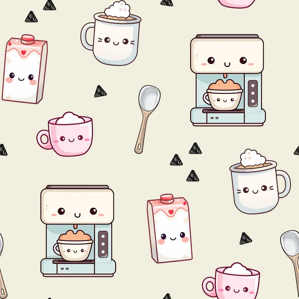 Cute Kawaii Coffee Maker Cups Milk Beige Background