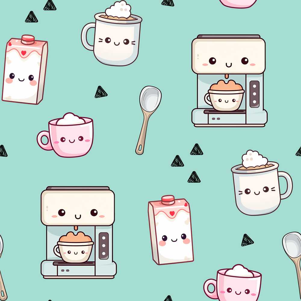 Cute Kawaii Coffee Maker Cups Milk Mint Background