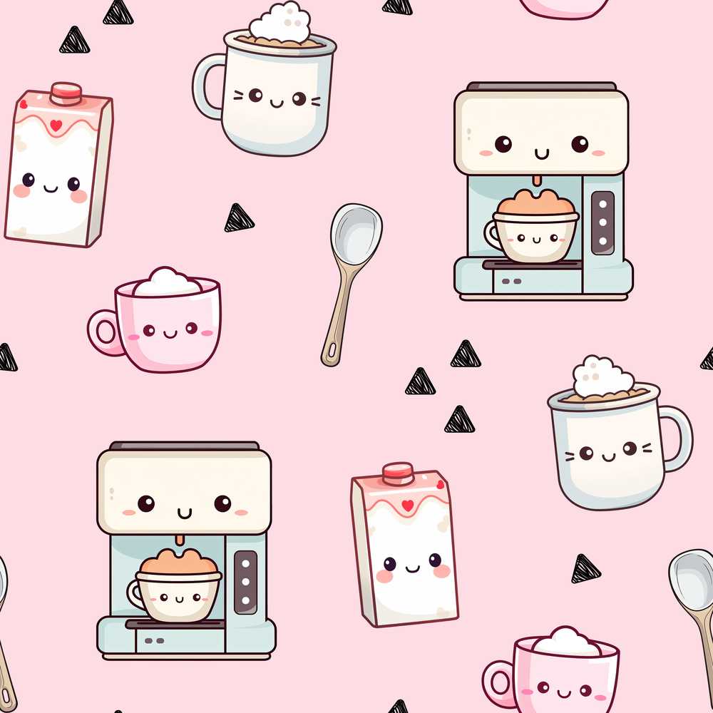 Cute Kawaii Coffee Maker Cups Milk Pink Background