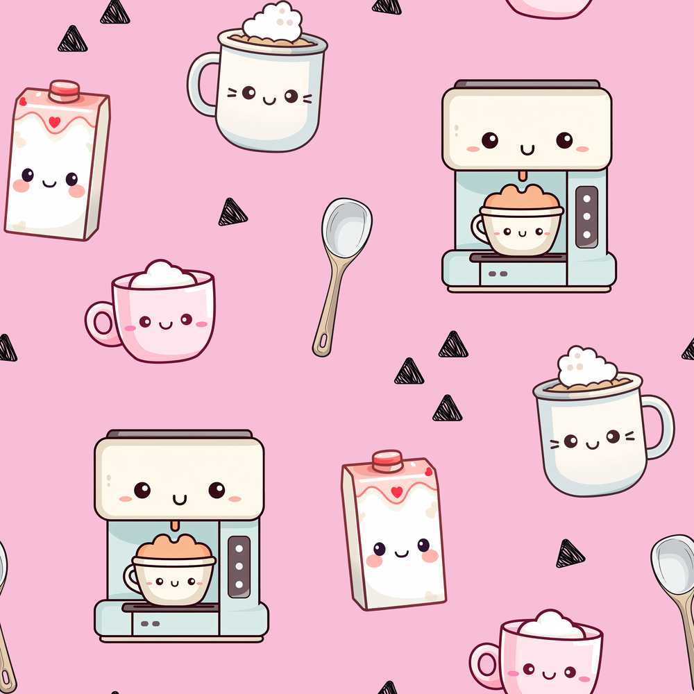 Cute Kawaii Coffee Maker Cups Milk Pink Background