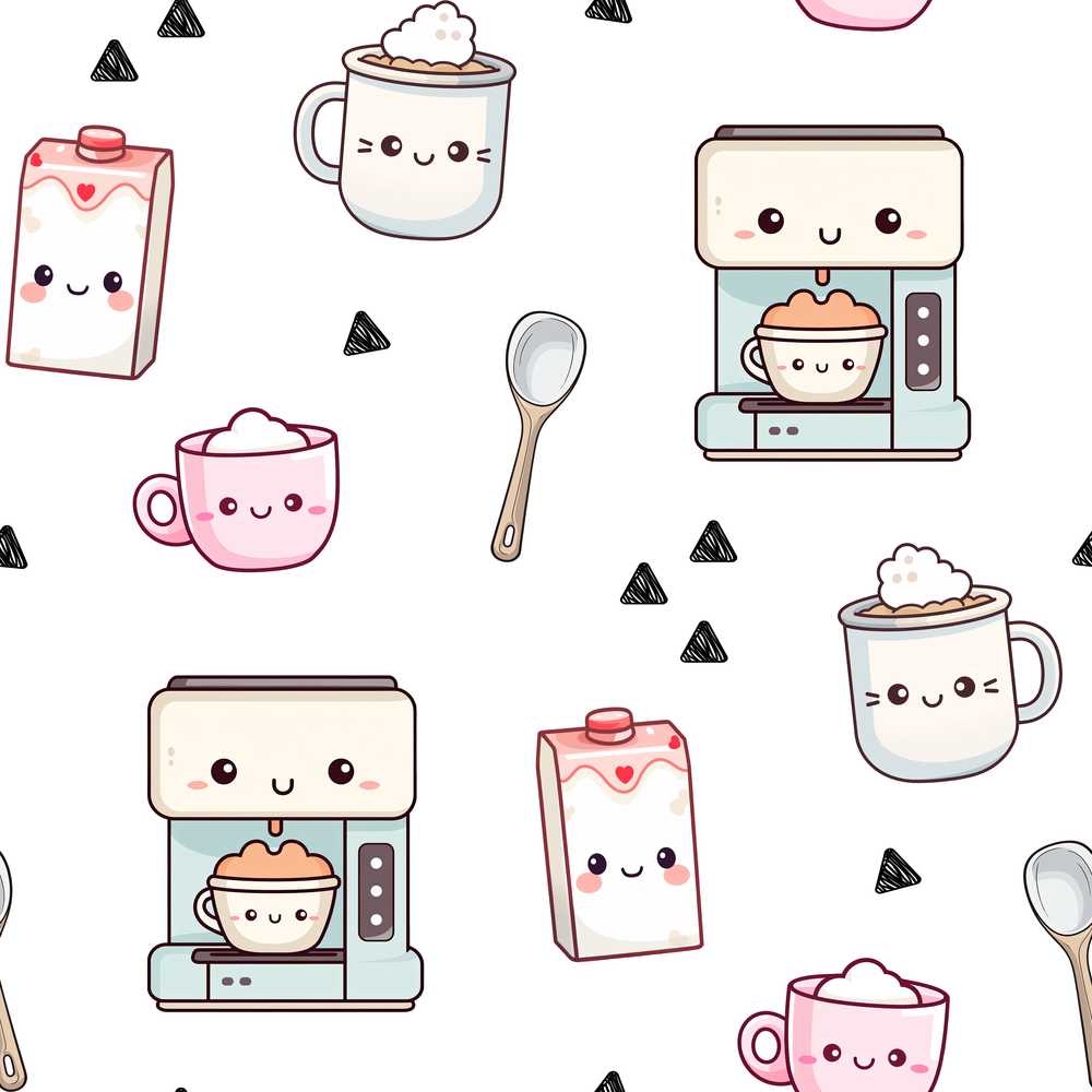 Cute Kawaii Coffee Maker Cups Milk Grey Background