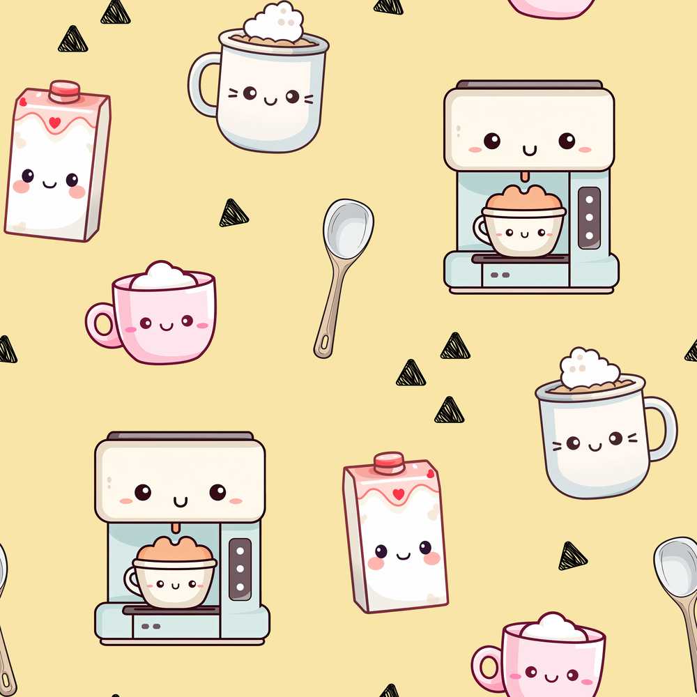 Cute Kawaii Coffee Maker Cups Milk Yellow Background